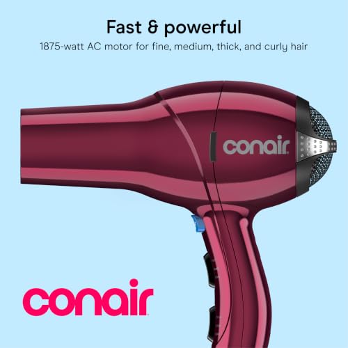 Image of Conair Hair Dryer with Diffuser, Concentrator & Round Brush, Burgundy | 1875W blow dryer for all hair types, includes 2 attachments and a round brush for added volume and defined texture