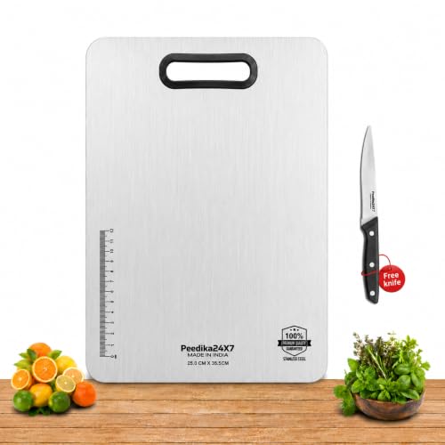 Image of Peedika24X7 Premium Stainless Steel Chopping Board Medium with Free Knife, Heavy Duty Rust Proof Vegetable Cutting Board, Reversible Non Slip Metal Cutter for Meat & Vegetables, 35.5 x 25 cm