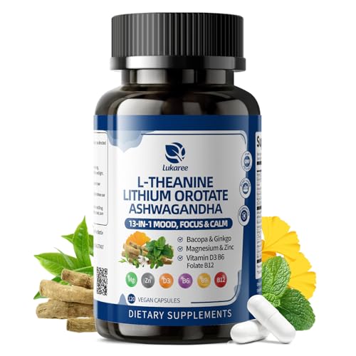 13-in-1 Lithium Orotate 10mg with Ashwagandha 300mg & L-Theanine 100mg – Mood, Calm, Sleep & Brain – Bacopa, Ginkgo Biloba, Lemon Balm, Magnesium Glycinate, Zinc, D3 B6 Folate B1...