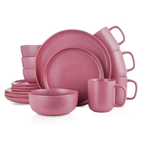 Stone Lain Tom Stoneware 16-Piece Reactive Glaze Dinnerware Set, Plates and Bowls Set, Microwave and Dishwasher Safe Dish Set for 4, Pink and White