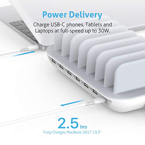 Image of SooPii 70W 7 Port Charging Station for Multiple Devices,Charger Station with One 30W Power Delivery Port for Laptops,and 6 USB Ports for Smart Phones,Tablets,Other Electronics, White