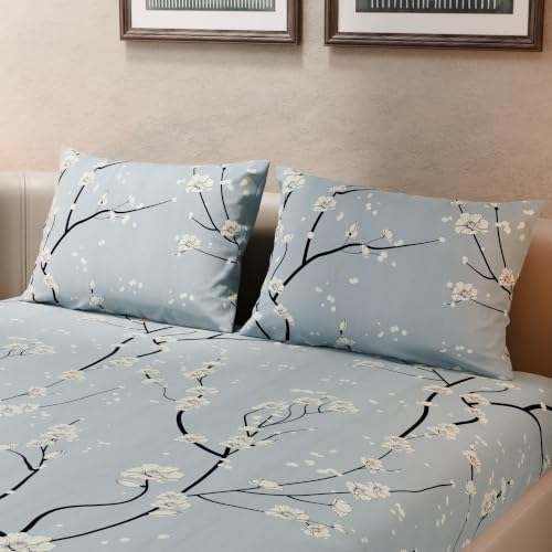 Image of BLISSHOME SoftTouch 140TC Cotton King Size Fitted Bedsheet with 2 Pillow Covers, Silky Smooth Bedding Set, Breathable, Easy Maintain, Floral Print - Grey, White (182cm x 198cm x 25cm Drop)