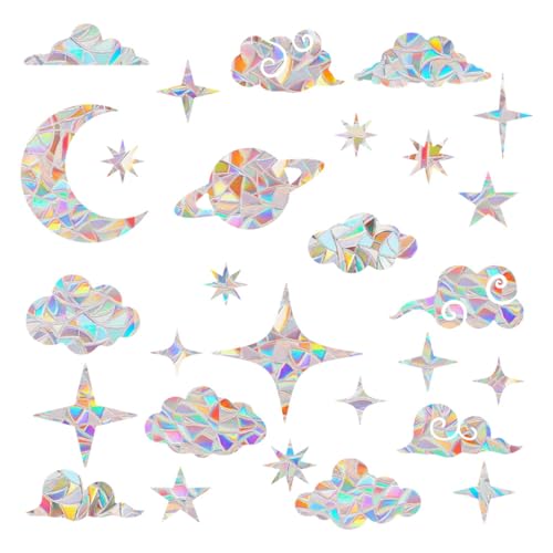 CATZUM Juego de 27 pegatinas ventana, diseño de prisma de PVC, con reflejo UV y efecto arcoíris, estrellas y luna, vinilos para cristales y adhesivo, decoración de puertas de terraza, fácil aplicación