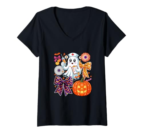 Womens Halloween Boo Ghost As Nurse Colorful Bow Ties Flowers V-Neck T-Shirt