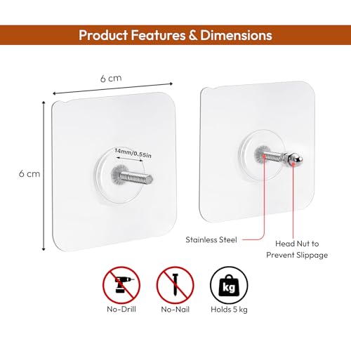 Image of Zulaxy Adhesive Screw Hooks for Wall Without Drilling, 10 Pack Adhesive Screw Hooks for Wall Heavy Duty Strong Nail Free Hanging, Kitchen Accessories Items (Nail Hook, Transparent) Stainless Steel