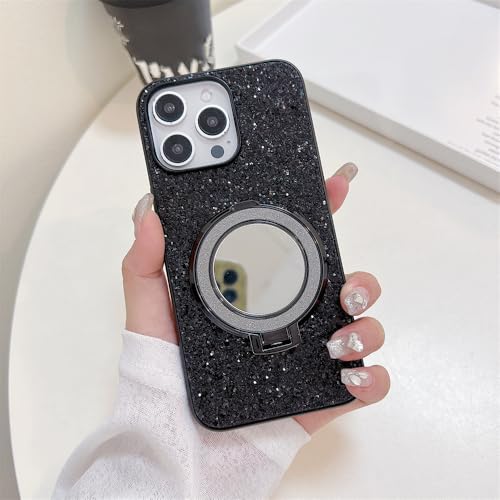 Housse diamant iPhone 15 Pro Max luxe paillettes noires et support magnétique
