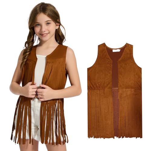 Girls Kids Fringe Vest Sleeveless Western Cowgirl Vest 60s 70s Hippie Faux Suede Tassels Jacket for Halloween