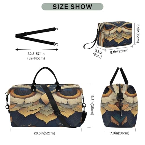 Owl Bird Gold Feather Travel Duffle Bag Gym Bag Weekender Bags with Toiletry Bag Travel Trip Tote Bag3