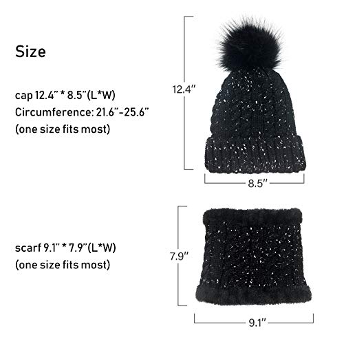 Lcztn Womens Pom Beanie Hat Scarf Set Girls Cute Winter Ski Hat Slouchy Knit Skull Cap With Fleece Lined #TOP5