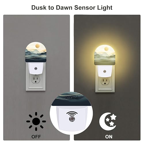 Image of Golden Sun and Mountains Night Light for Kids,Watercolor Sunrise Sunset Mountain Plug in Night Light with Dusk to Dawn Sensor, 0.5w Energy Saving Nightlight for Hallway Stairway Kitchen Bedroom