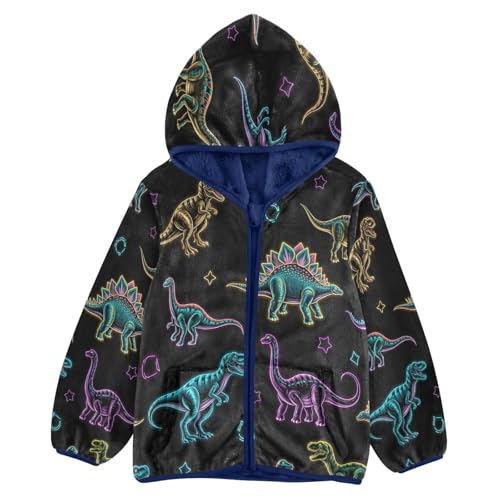 Dinosaur Pattern with Neon Colors Toddler Fleece Jacket Girl Boys Hooded Fleece Jacket Coat Warm Outwear Zip-up 3-10T