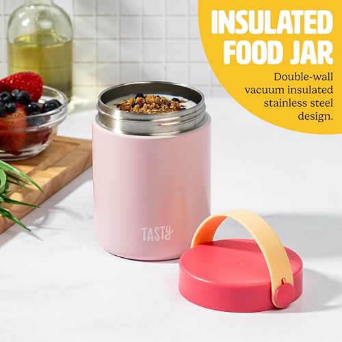 Image of Tasty Food Jar with Folding Handle, Portable Snack Travel or Lunch Container, Stainless Steel Insulated Vacuum with Leak-Proof Lid, Keeps Food Hot or Cold for Hours, 15-Ounce, Pink