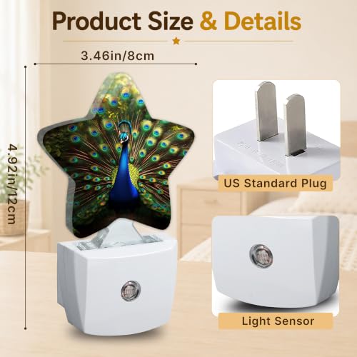 Image of Peacock Plug in Star Night Light, Night Light with Sensor for Kids Nursery Bedroom, Decorative Soft Glow Lamp for Hallway Bathroom, Energy Saving