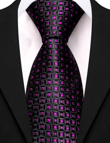 Image of Barry.Wang Plaid Ties Mens Silk Necktie and Tie Clip Checkered Tie for Wedding Party Business Formal