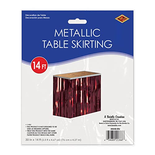 Beistle 1-Ply Metallic Plastic Foil Fringe Table Skirt Parade Floats, Mardi Gras Party, Birthday Decorations, Baby Shower Celebration, Wedding Reception, 30" X 14', Burgundy #TOP4
