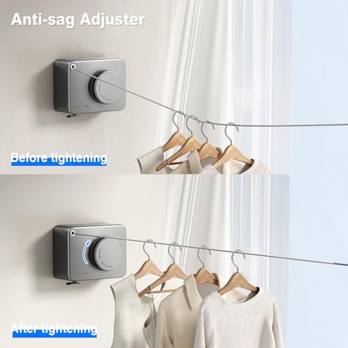 Image of MUSTORN Retractable Clothesline Indoor, Non-Sagging Outdoor Clothes Line Retracting Heavy Duty Clothes Drying Laundry Line Wall Mounted Stainless Steel Line-13.8 Feets(Gray)