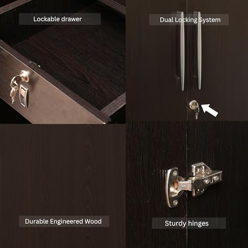 Image of AAVATAR 4 Door Wooden Wardrobe with Drawers & Hanging Rod | Wenge Engineered Wood Cupboard for Bedroom | Almirah with Lockable Doors, Spacious Shelves Storage | H78 x W64 x D19 Inch