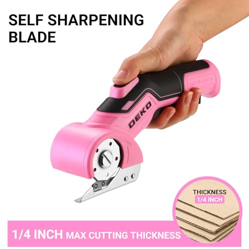 Image of Cordless Electric Scissors Cardboard Cutter: DEKOPRO 4V 2000mAh Electric Box Cutter, Rechargeable Power Rotary Cutter with Safety Lock, 389g Carpet Cutter with 2 Blade, Type-C Charging(Pink)