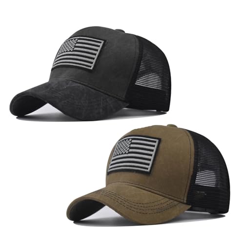 American Flag Trucker Hats, 2 Pieces USA hat for Men and Women - Adjustale Baseball Cap Outdoor Mesh Snap Black and Army Green