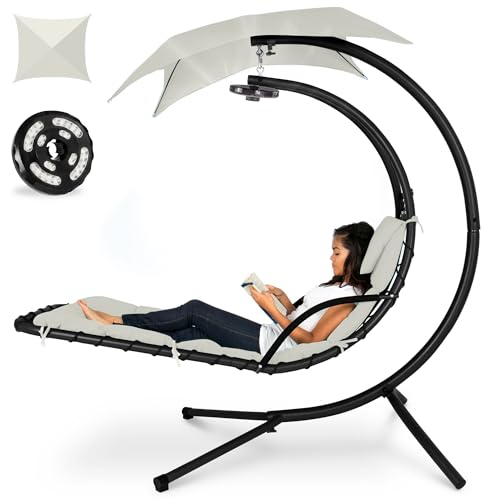 Best Choice Products Hanging LED-Lit Curved Chaise Lounge Chair Swing for Backyard, Patio, Lawn w/ 3 Light Settings, Weather-Resistant Pillow, Removable Canopy Shade, Steel Stand - Ivory