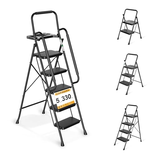 Step Ladder, Folding Step Stool with Wide Anti-Slip Pedals, Sturdy Steel Ladder with Handrail, Space-Saving, Portable for Home & Adults, 5 Step Ladder
