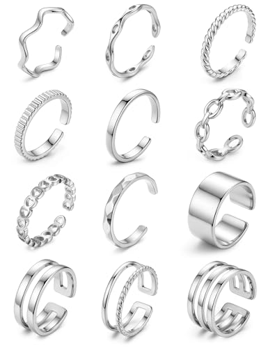 JeweBella 12 Pièces Bague Acier Inoxydable Femme Bague Femme Or/Argent Plaqué Or 18K Inaltérables & Imperméables Bagues de Pouce Ouverte Réglables...
