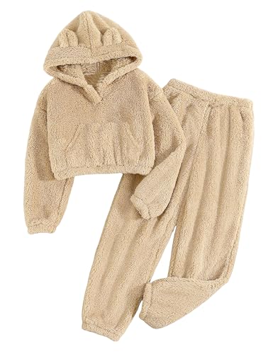 Image of Shallmu Girls Fuzzy Bear Ear Plaid Hoodie Pullover Sweatshirt with Pocket Sweatpants Fall Winter 2 Piece Outfits