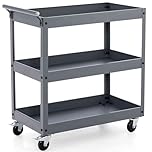 TANGZON 2/3-Tier Rolling Tool Cart, Utility Service Cart with Towel Rack Handle & Wheels, Heavy-duty Steel Mobile Tool Storage Garage Trolley Shelves (Grey, 3 Tier, 76x38x78cm)