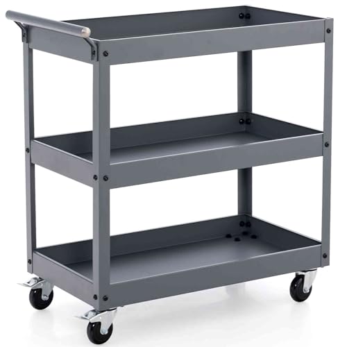 TANGZON 2/3-Tier Rolling Tool Cart, Utility Service Cart with Towel Rack Handle & Wheels, Heavy-duty Steel Mobile Tool Storage Garage Trolley Shelves (Grey, 3 Tier, 76x38x78cm)