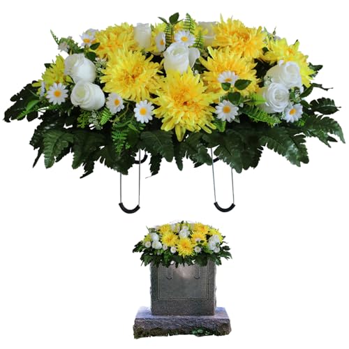 Yellow Artificial Cemetery Flowers Saddle Long-Lasting Bright Color Headstone Flower Saddle Cemetery Memorial Flowers for Outdoor Tombstone Decorations. image 6