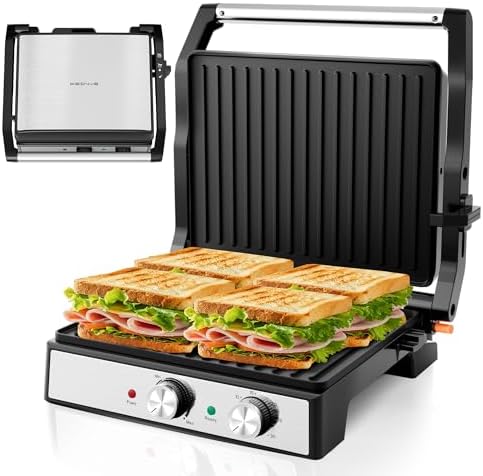 4-Slice Panini Press Grill & Sandwich Maker - 1600W, Adjustable Temp & Timer, Non-Stick Plates, 180° Opening