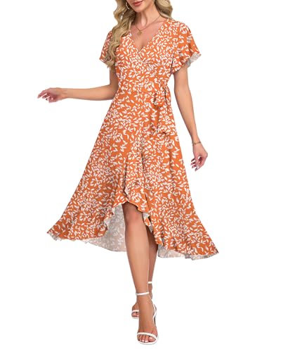 Image of AUSELILY Women Summer Midi Dresses Wrap Short Flutter Sleeve Elegant Dress | High Slit,High-waisted,Ruffled Hem,V-Neck,Fixed-strap Design,Skin-Friendly,Breathability,Wedding Guest Dresses