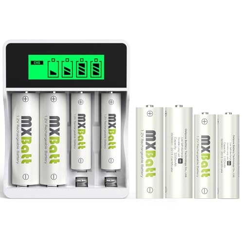 MXBatt Pilas Recargables AA y AAA con Cargador,1,2V Nimh Pilas Recargables 4 Units AA 3200mAh y 4 Units AAA 1100mAh LCD Independent Slot Cargador