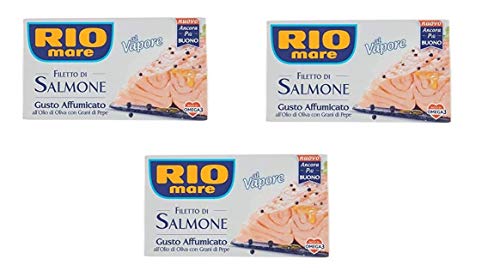 Río Mare Filetto di Salmone al vapore Gusto Affumicato all'Olio di Oliva con Grani di Pepe Filete de salmón al vapor sabor ahumado con aceite de oliva con granos de pimienta 125g