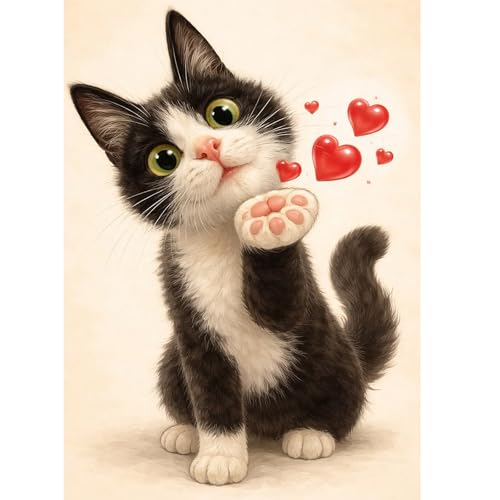 Image of Romantic Diamond Paintings Kits for Beginners, Full Round Drill Diamond Arts Kits for Adults, Cat Greeting Paint by Diamond, 5D DIY Diamond Painting Dot Gem Art, for Home Wall Decor 12x16 Inch