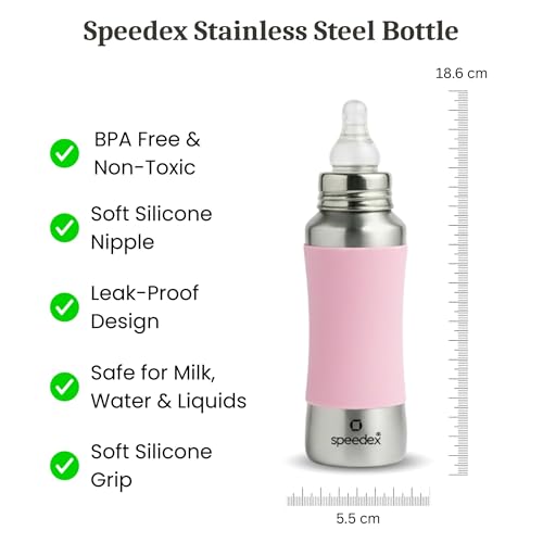 Image of SPEEDEX Stainless Steel Baby Feeding Bottle 240 ml with Pink Silicone Grip & Internal ML Marking | BPA & Plastic Free | Anti-Colic Silicone Nipple | 304 Grade Steel Infant Milk Bottle | Leak Resistant