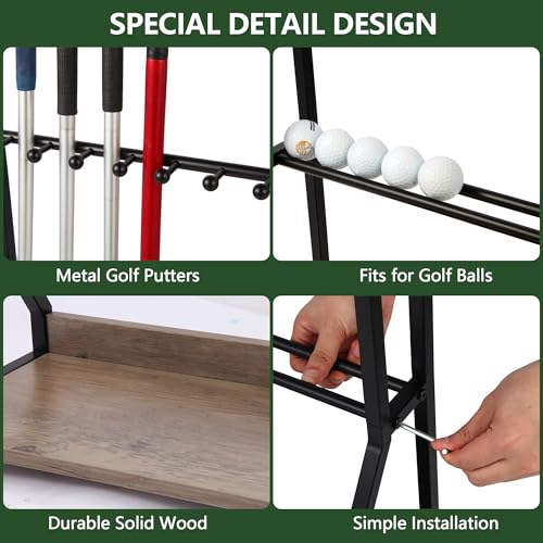 Image of Golf Club Holder for 9 Clubs & 9 Balls, Solid Wood & Iron Golf Organizer, Golf Putter Holder Floor Stand, Golf Club Stand Suitable for Golf Simulators|Golf Course Accessories