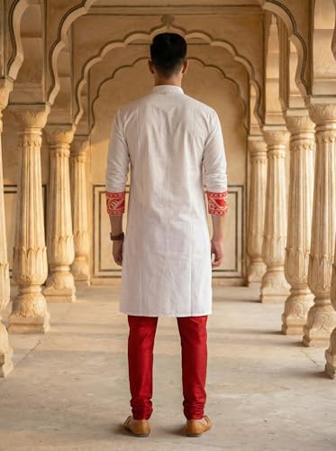 Image of Men's Jamdani Printed Kurta Pajama Set | Pure Cotton Ethnic Kurta with Mandarin Collar & Dupion Silk Pyjama | Festive & Weddings 303A12A 303SB12B(M XXL)