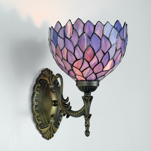 Image of Tiffany Wall Sconce Hand-Weld Stained Glass Bedside Lamp with Classic 8 Inches Wisteria Blue Purple Lampshade for Bedroom Hallway Living Room Home Office