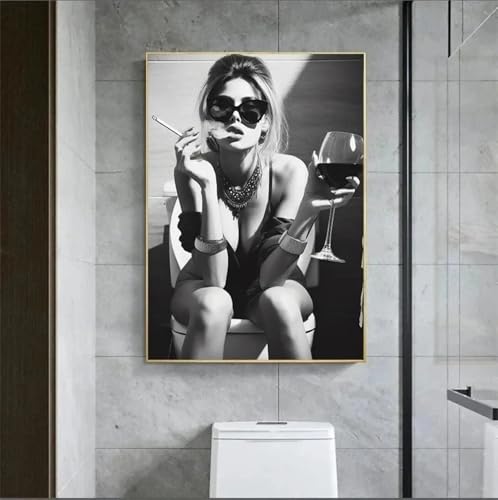 Peinture sur toile de fille sexy fumant aux toilettes, affiche murale moderne noir et blanc