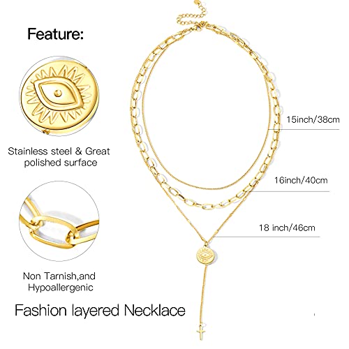 Papagena Layered Choker Necklaces Gold Plated Evil Eye Cross Pendant Necklace Paperclip Link Chain Jewelry For Women #TOP2