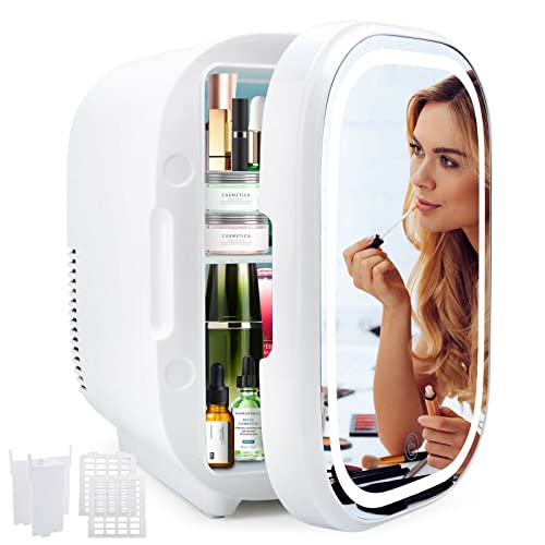 Skincare Fridge, Beauty Mini Fridge Glass Door with LED Lighting for Bedroom Desk Skin Care Makeup Small Refrigerator, 6 Liter/8 Can Cooler or Warmer for Car Travel Office Dorm, AC 110V/ DC 12V