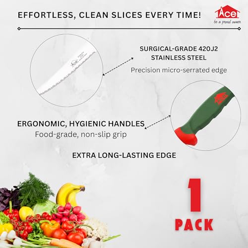 Image of AcE Steak Classical Serrations Knife, Multicolour, 420J2 Surgical Stainless Steel, 54-55 HRC, Long-Lasting Edge, Multicolor Hygienic Ergonomic Handles, Perfect for Tomatoes, Fruits & Soft Vegetables