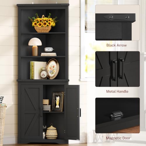 Image of TEENFON Farmhouse Corner Cabinet, 70.3 inch H Tall Corner Hutch with 5 Shelves & 2 Barn Doors, Bathroom Cabinet with Adjustable Shelf, for Living Room, Kitchen, Bathroom, Black