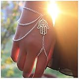 Yheakne Boho Hamsa Sklavenarmband Silber Hand Finger Armband Vintage Ring Armband Layering Kette Handgelenk Armband Retro Handgeschirr Armreif Hand Kette Schmuck Für Frauen Und Mädchen