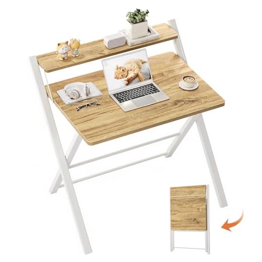 GreenForest Portable Small Desk No Assembly, 2-Tier Compact Computer Desk with Shelf, Space Saving Foldable Table for Home Office, Bedroom or Apartment, Portable Collapsible Sturdy Laptop Desk, Oak