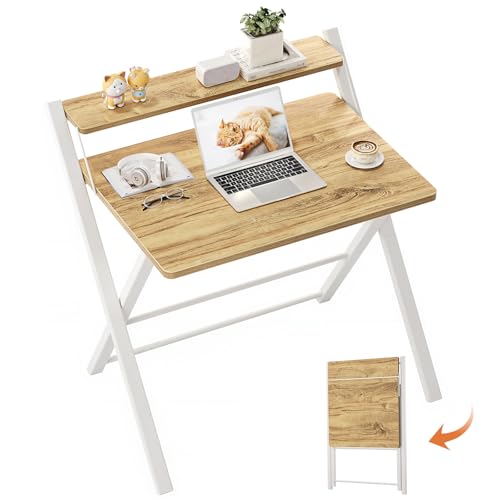 GreenForest Escritorio Plegable con Estante del Monitor, Escritorio de Oficina deTamaño Pequeño sin Montaje, Escritorio Pequeño para Espacio Pequeño, Beige