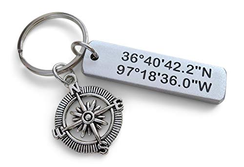 Custom Engraved Coordinates Keychain with Compass Charm