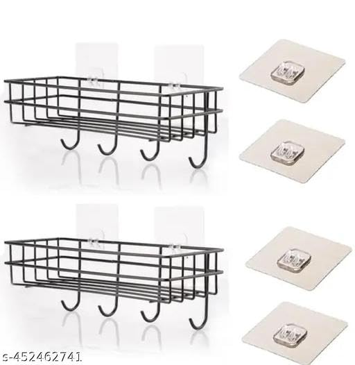 (Pack of 2) Steel Self-Adhesive Multipurpose Bathroom Shelf with Hooks/Towel Holder/Rack/Bathroom Accessories-Wall Mount - Pack of 2 (Black,Powder Coated)|BHR-P1013 1