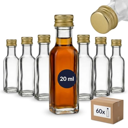 gouveo Lot de 60 bouteilles en verre Maraska de 20 ml avec bouchon à vis doré - mini bouteille de 0,02 l à remplir - bouteilles en verre pour liqueur, liqueur, huile...